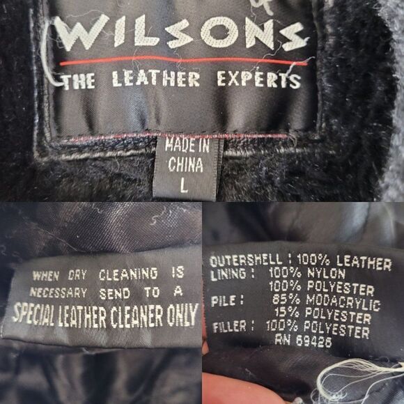 Vintage 80s Wilsons Leather Bomber Flight Jacket L Black Sherpa Trim Belted Zip - Picture 3 of 16